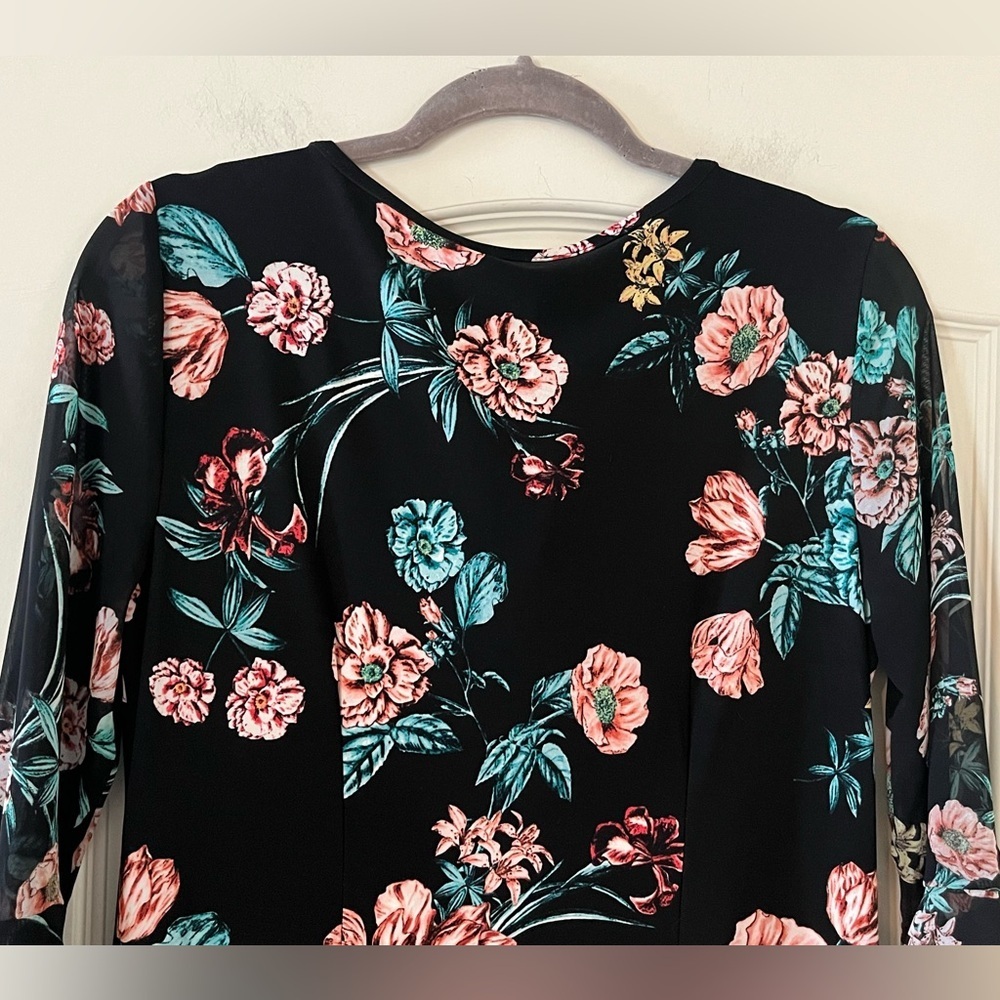 Roz & Ali Black Floral Tie-Front, Sheer Long Sleeve Dress Women’s Size Medium - Picture 5 of 15